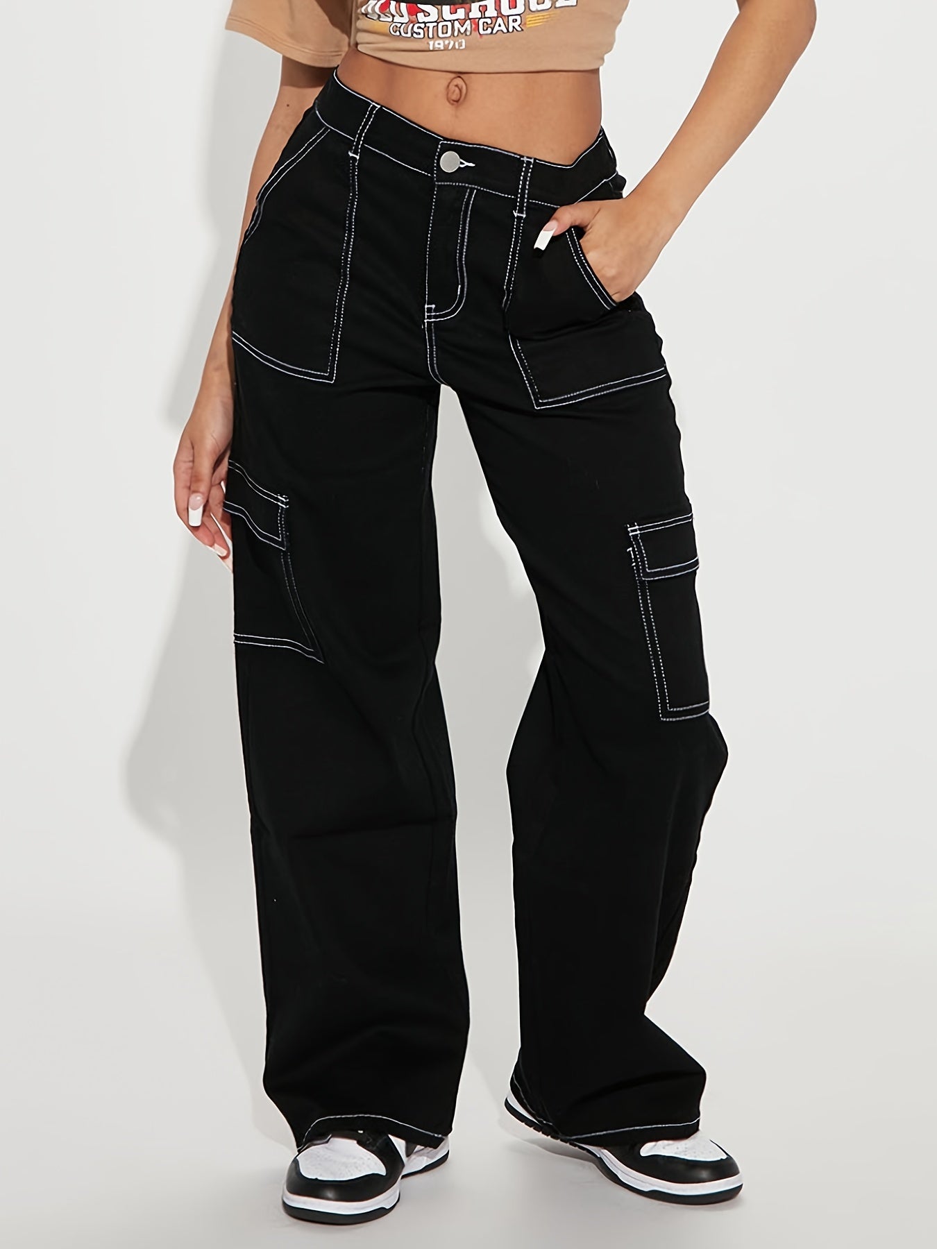 Y2K Kpop-Inspired Women’s Cargo Denim Jeans - Black with Striking White Contrast Seams, Multi-Pocket Design - Zipper & Button Closure, Comfortable & Trendy for Casual Outings