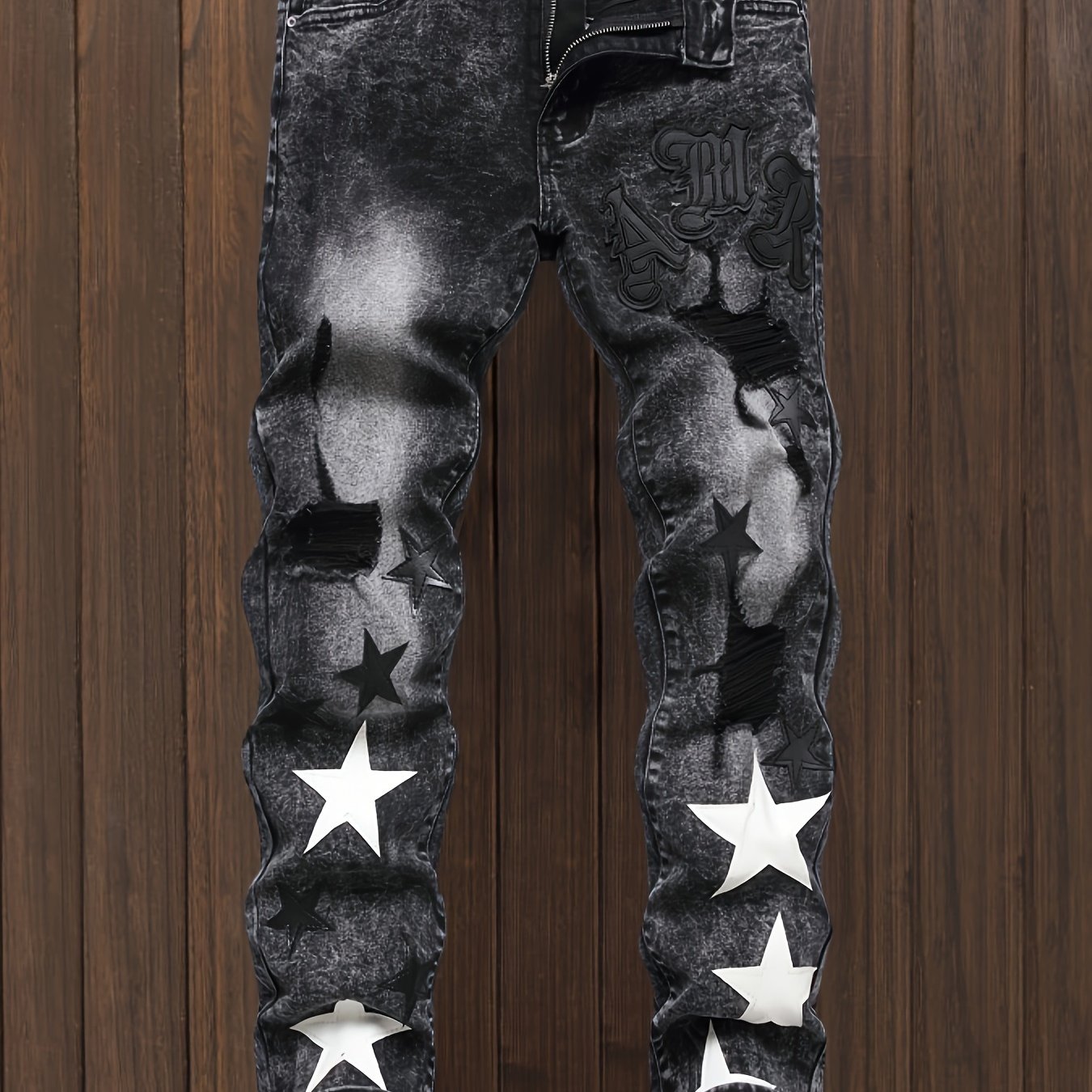 y2k Star Pattern Slim Fit Jeans, Men's Casual Stretch Street Style Denim Pants For All Seasons