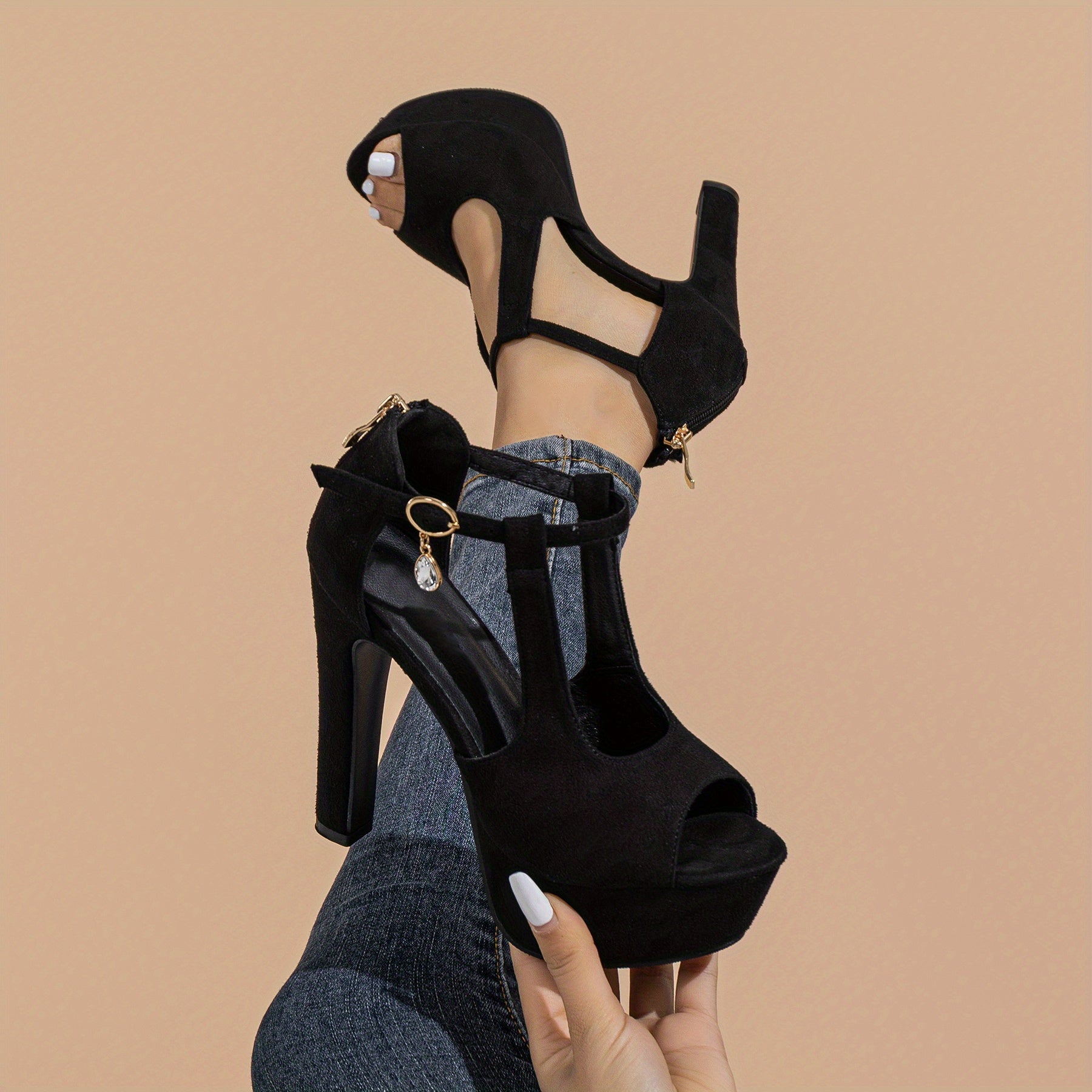 Sexy Cutout Block Heel Sandals - Women's Peep Toe Pumps - Fashion Platform Heels with Buckle Strap