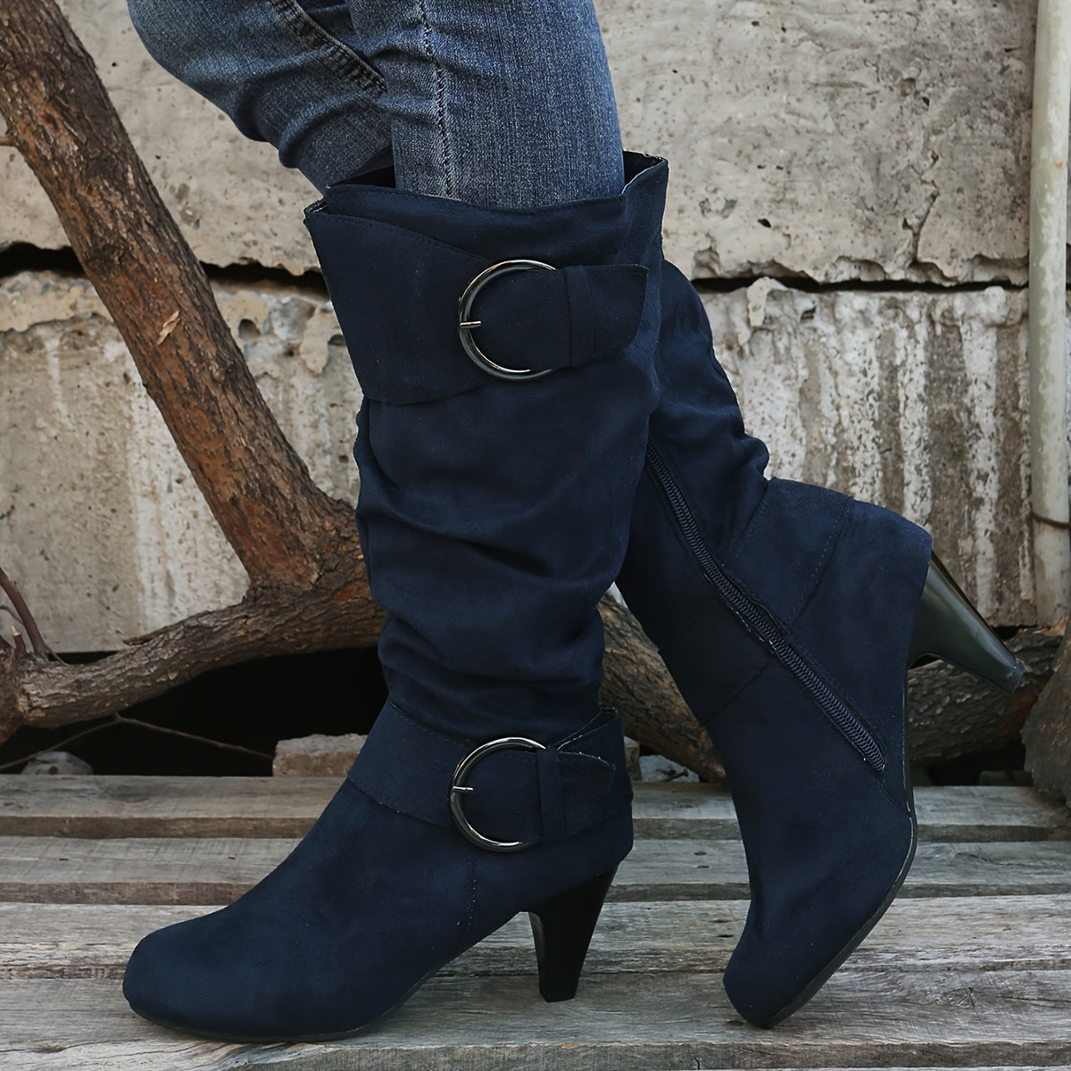 Fashionable Women's Slouchy Boots with Chunky Heels, Buckle Strap, and Pointed Toe - Easy to Pull On and Perfect for Any Occasion