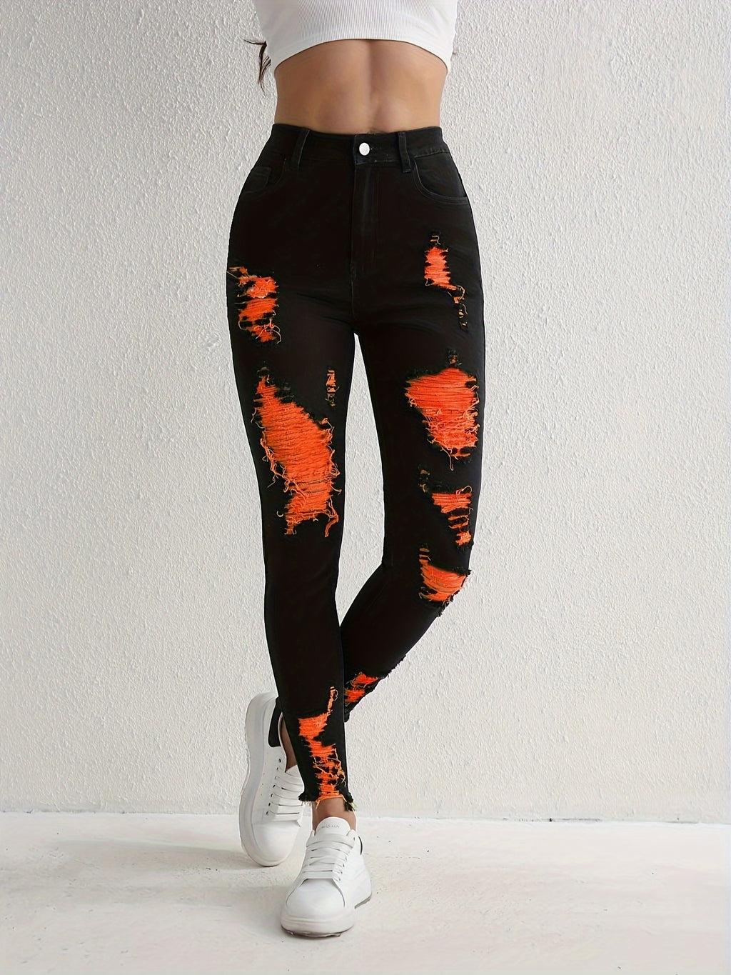 Stylish Black Ripped Skinny Jeans - High-Stretch, Slim Fit, Frayed Hem, Tight Leg, Comfortable Denim Pants for Women - Perfect for Casual Daily Wear, Party, and Outdoor Activities