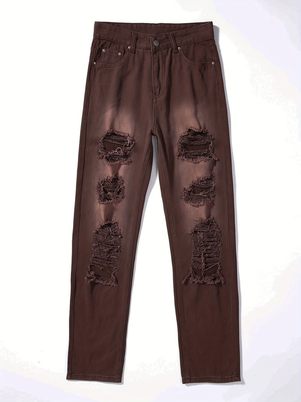 Plain Ripped Holes Straight Jeans, Loose Fit High Waist Distressed Slant Pockets Denim Pants, Women's Denim Jeans & Clothing