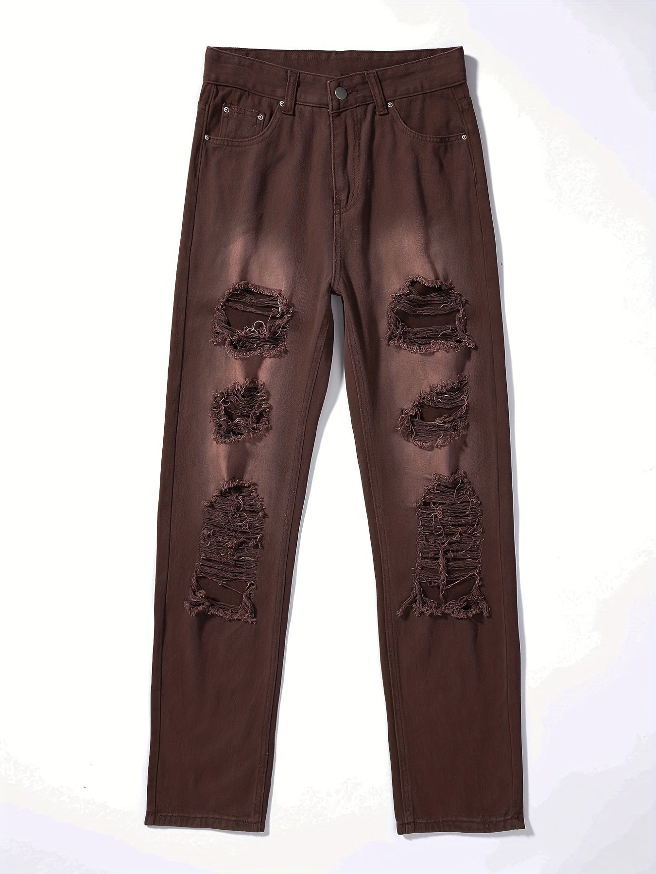 Plain Ripped Holes Straight Jeans, Loose Fit High Waist Distressed Slant Pockets Denim Pants, Women's Denim Jeans & Clothing