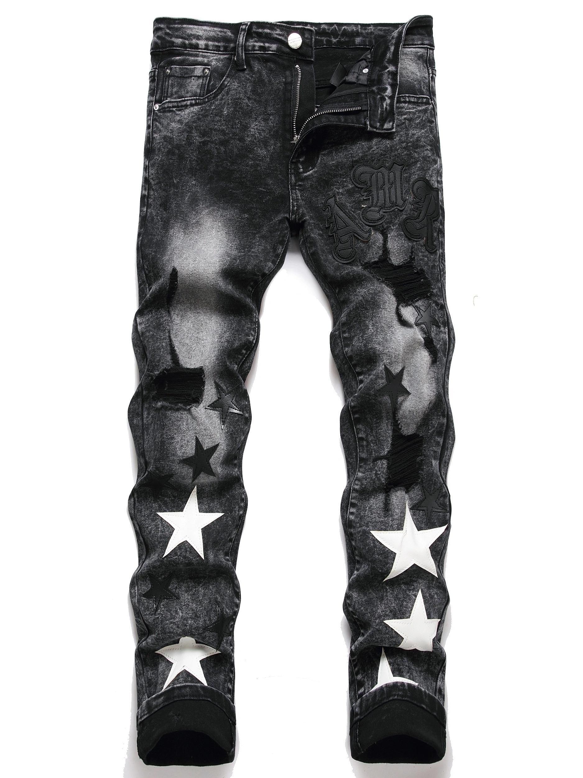 y2k Star Pattern Slim Fit Jeans, Men's Casual Stretch Street Style Denim Pants For All Seasons