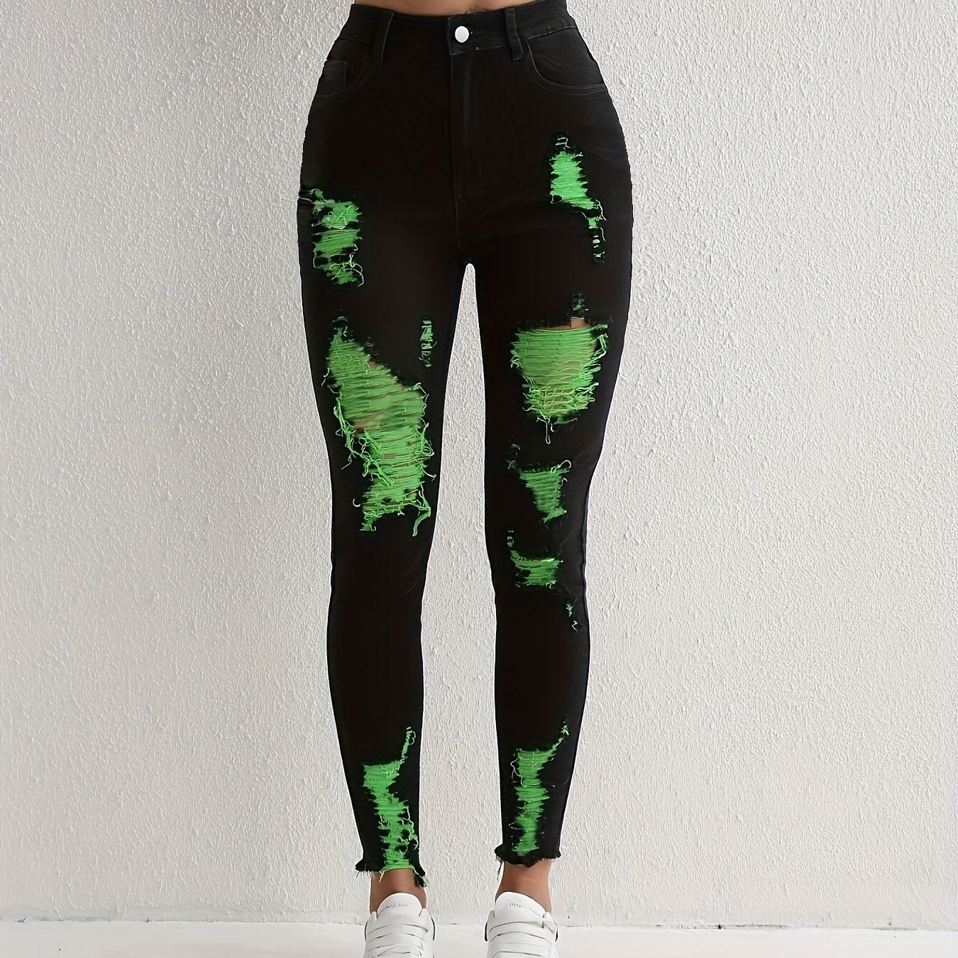 Stylish Black Ripped Skinny Jeans - High-Stretch, Slim Fit, Frayed Hem, Tight Leg, Comfortable Denim Pants for Women - Perfect for Casual Daily Wear, Party, and Outdoor Activities