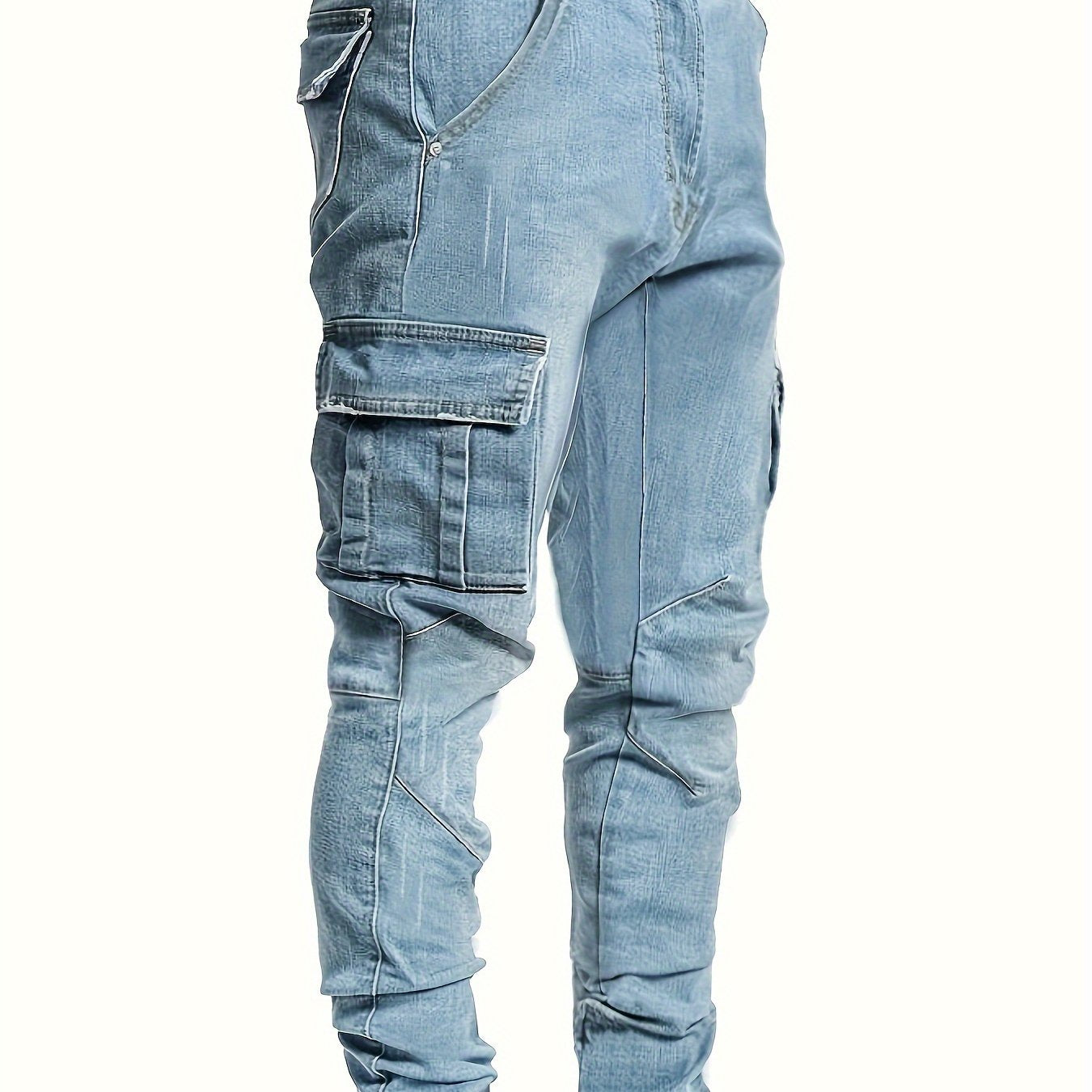 Medium Stretch Slim Fit Multi Pocket Jeans, Men's Casual Street Style Denim Pants