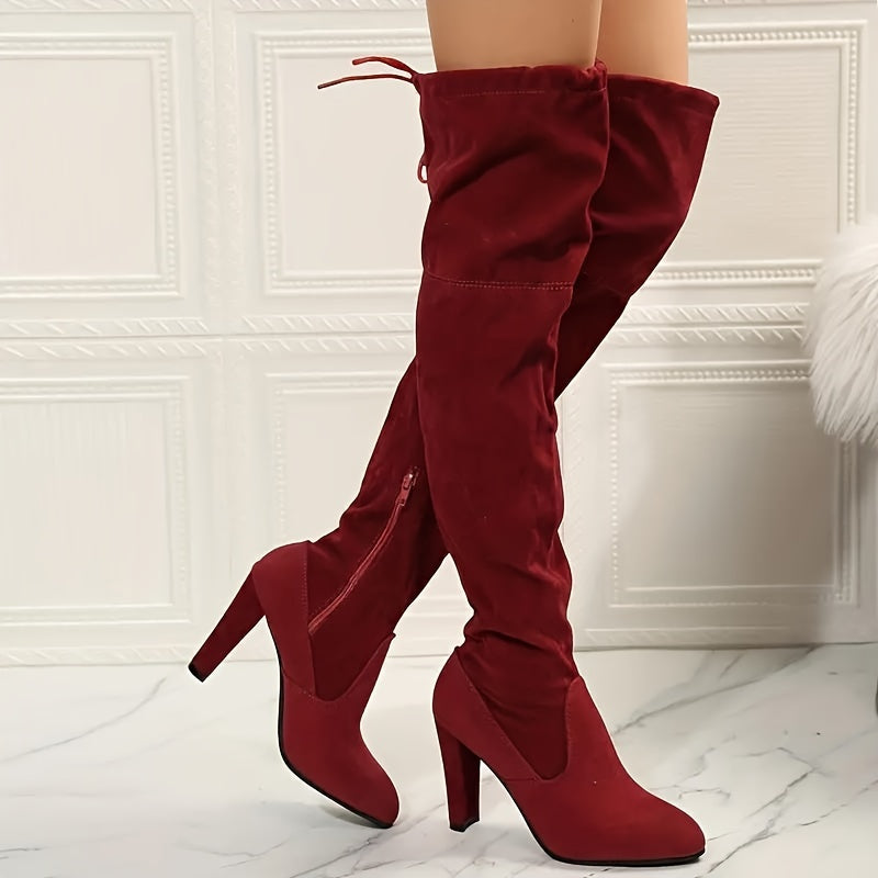 Women's Over-the-knee High Heels, Elegant and Fashionable Solid-color Thigh-high Boots with Comfortable -lined Thick Heels