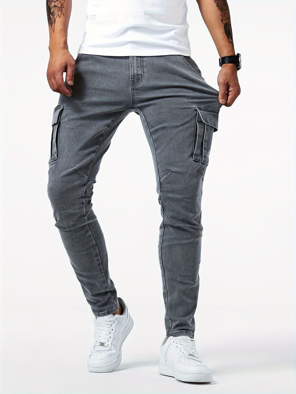 Slim Fit Multi-Pocket Jeans - Men's High Stretch Denim Pants for Casual Street Style, Outdoor Wear, All Seasons Comfort