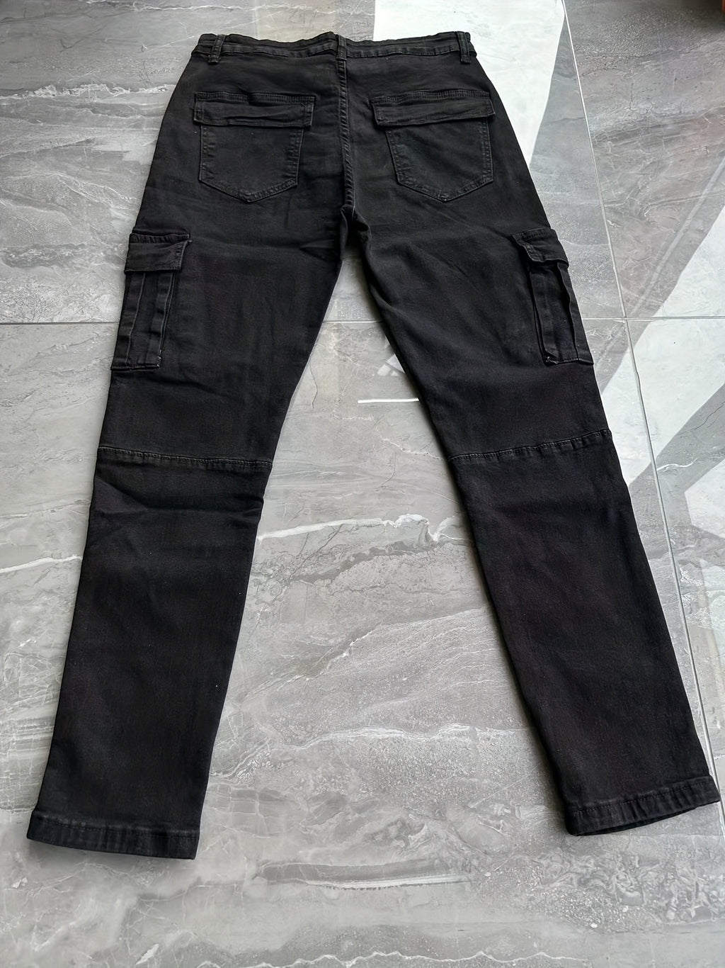 Medium Stretch Slim Fit Multi Pocket Jeans, Men's Casual Street Style Denim Pants