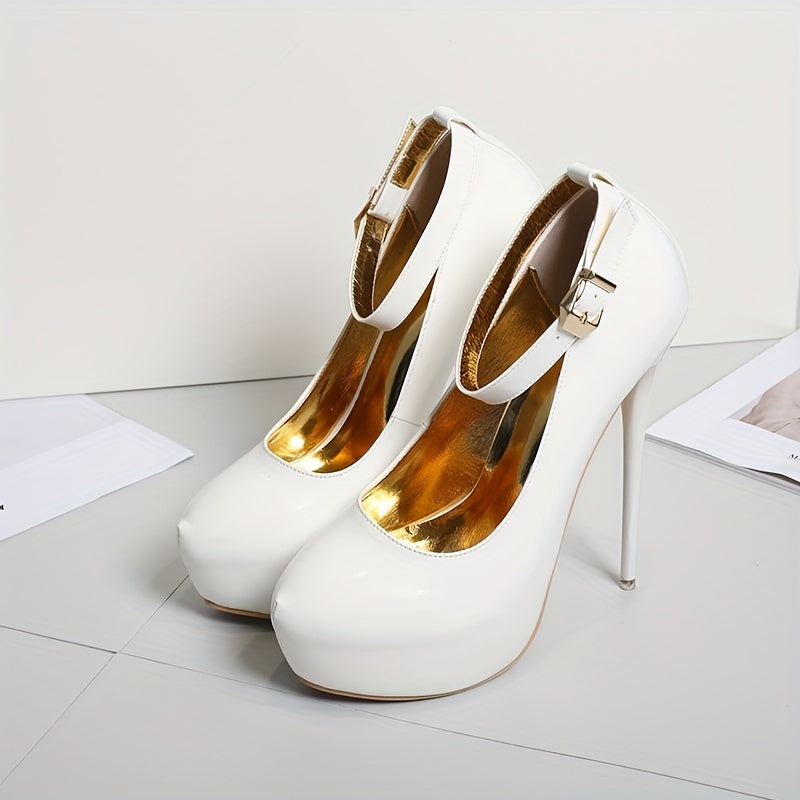 Women'S Elegant White Stiletto Heels - Ultra-High Platform Pumps with Ankle Strap, Round Toe & Synthetic Cover, Perfect for Nightclubs & Formal Events, Sizes 5.5-10.5, High Heel Shoes