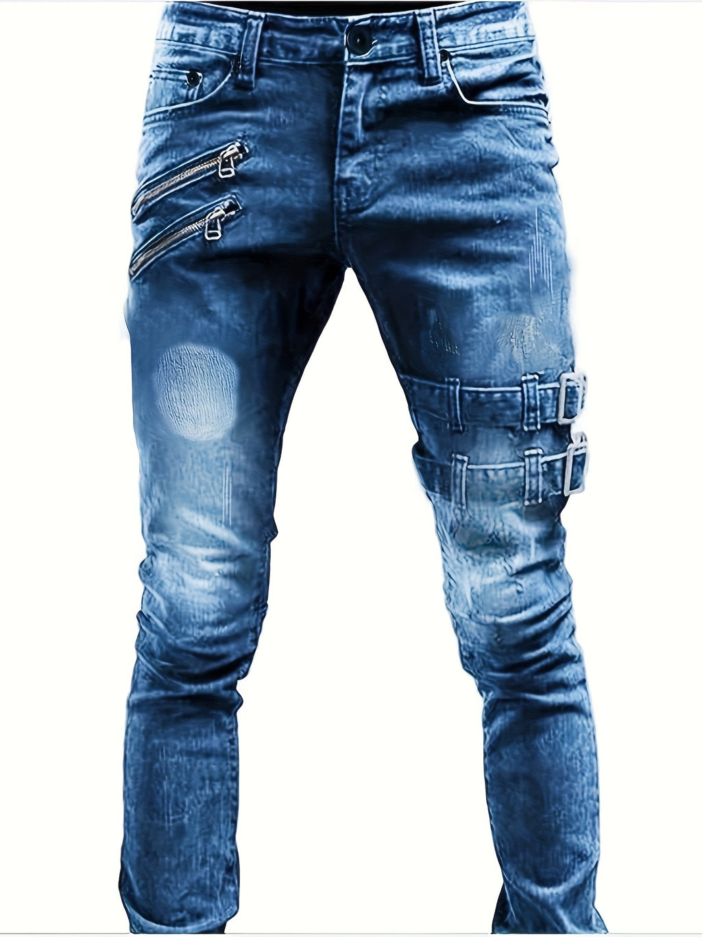 Stretchy Slim Fit Ripped Biker Jeans - Soft, Breathable, Distressed Denim Pants with Elastic Waistband for Men's Casual Street Style Fashion - Perfect for Spring and Fall Seasons