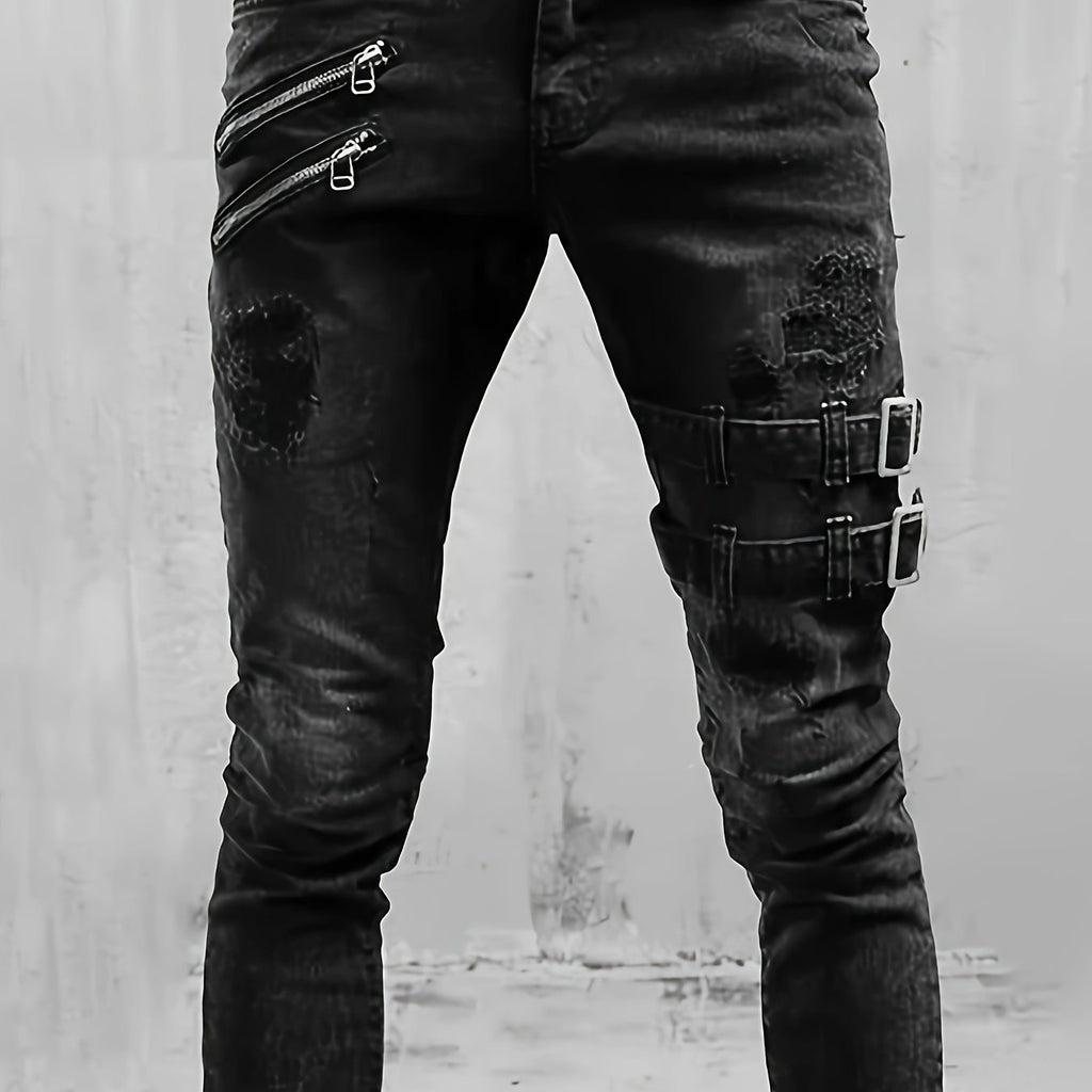 Stretchy Slim Fit Ripped Biker Jeans - Soft, Breathable, Distressed Denim Pants with Elastic Waistband for Men's Casual Street Style Fashion - Perfect for Spring and Fall Seasons