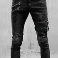 Stretchy Slim Fit Ripped Biker Jeans - Soft, Breathable, Distressed Denim Pants with Elastic Waistband for Men's Casual Street Style Fashion - Perfect for Spring and Fall Seasons
