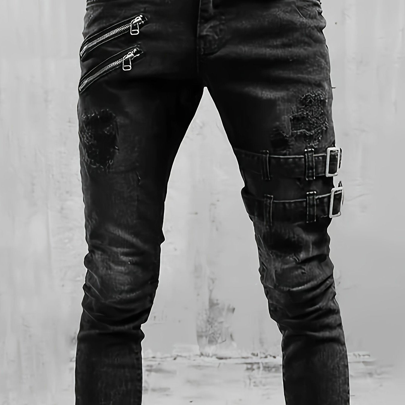 Stretchy Slim Fit Ripped Biker Jeans - Soft, Breathable, Distressed Denim Pants with Elastic Waistband for Men's Casual Street Style Fashion - Perfect for Spring and Fall Seasons