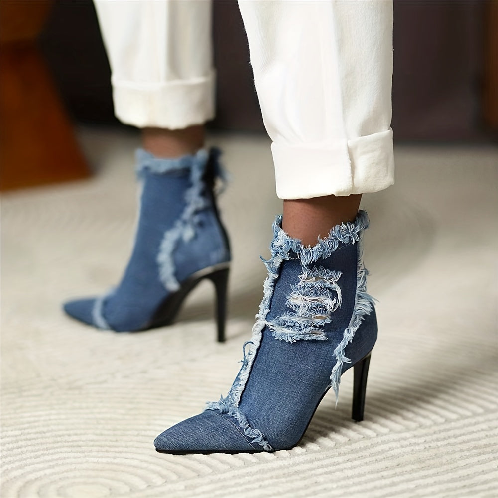 Womens Chic Denim Ankle Boots with Stylish Stiletto Heels - Trendy Pointed Toe, Distinct Raw Edge Trim, and Convenient Back Zipper - Fashionable High Heel Short Boots for a Bold Look
