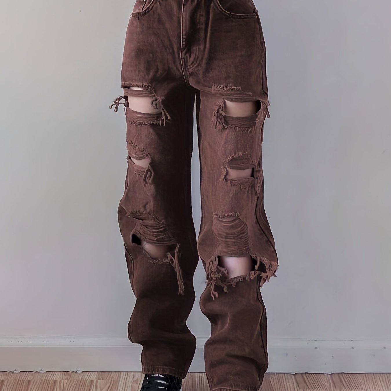 Plain Ripped Holes Straight Jeans, Loose Fit High Waist Distressed Slant Pockets Denim Pants, Women's Denim Jeans & Clothing