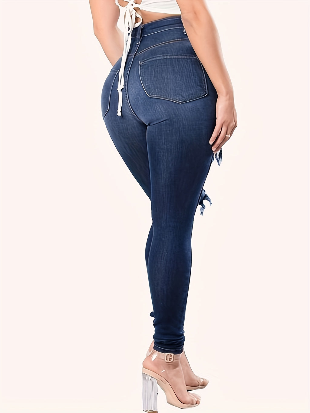 Plain Ripped Holes Skinny Jeans, Slim Fit Distressed Slight Stretch Ankle Length Jeans, Women's Denim Jeans & Clothing