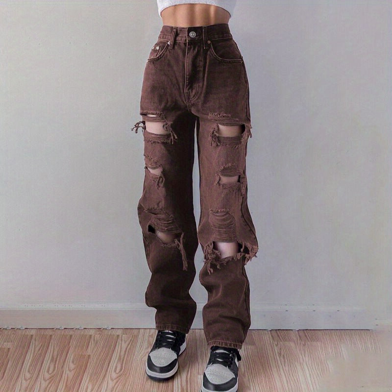 Plain Ripped Holes Straight Jeans, Loose Fit High Waist Distressed Slant Pockets Denim Pants, Women's Denim Jeans & Clothing