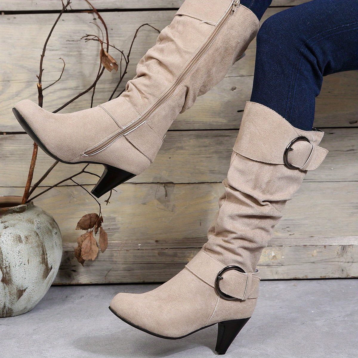 Fashionable Women's Slouchy Boots with Chunky Heels, Buckle Strap, and Pointed Toe - Easy to Pull On and Perfect for Any Occasion