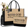 2pcs Set Inspirational Quote Fabric Handbags, "With God All Things Are Possible" Print, Lightweight Coarse Cloth, Zipper Closure, Hand Washable, Portable Travel & Beach Tote with Makeup Pouch