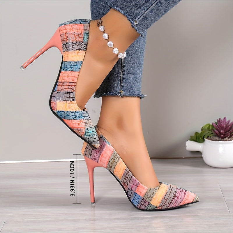 Women's Striped Pattern Stiletto Heels, Elegant Point Toe Dress Pumps, Fashion Slip On Heels