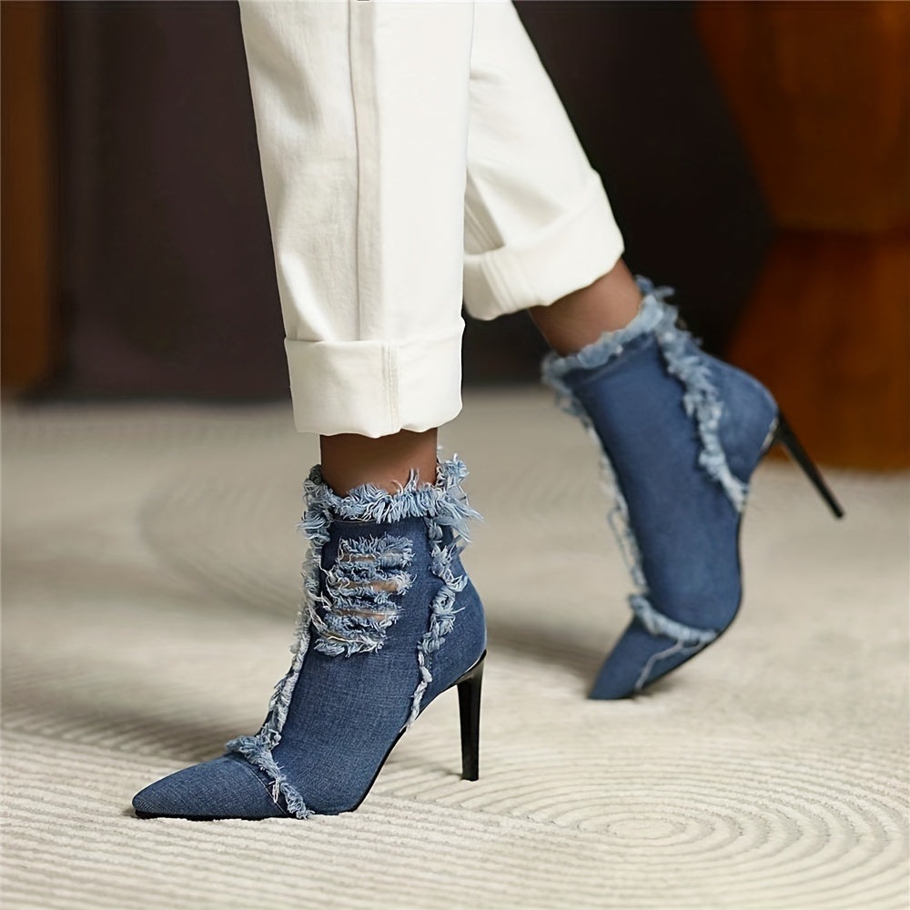 Womens Chic Denim Ankle Boots with Stylish Stiletto Heels - Trendy Pointed Toe, Distinct Raw Edge Trim, and Convenient Back Zipper - Fashionable High Heel Short Boots for a Bold Look