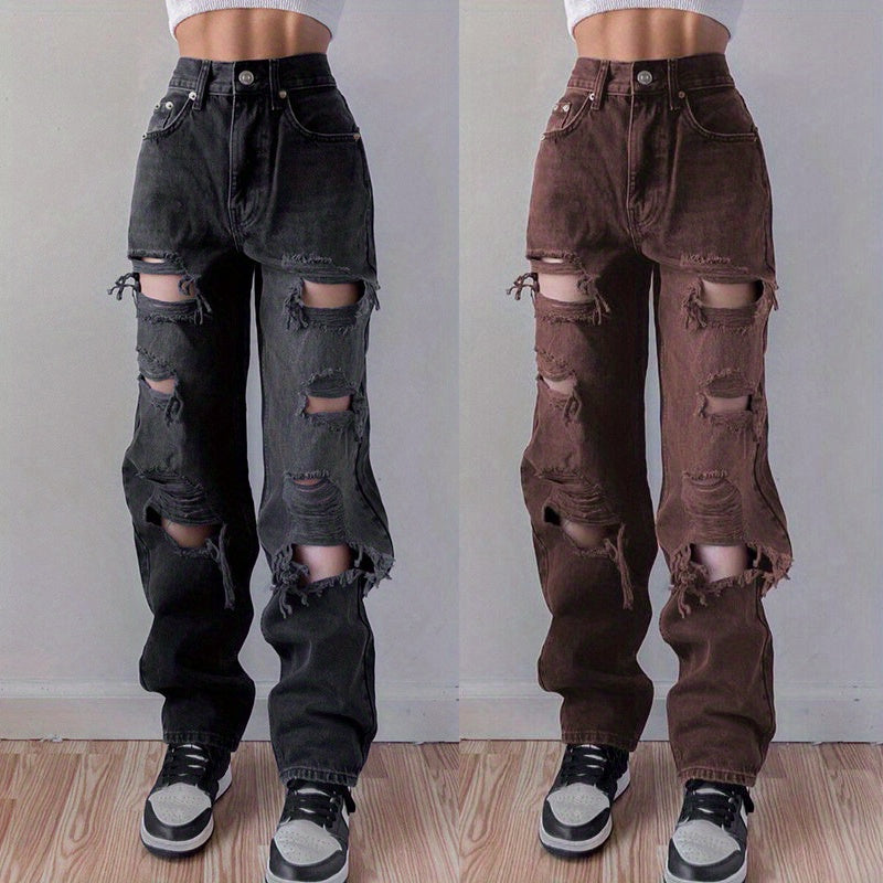 Plain Ripped Holes Straight Jeans, Loose Fit High Waist Distressed Slant Pockets Denim Pants, Women's Denim Jeans & Clothing