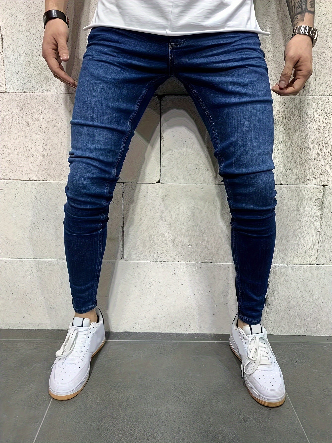 Stretchy Slim Fit Jeans - Men's Classic Casual Street Style Mid-Stretch Denim Pants for Spring Summer with Comfortable Cotton Fabric and Solid Color Design