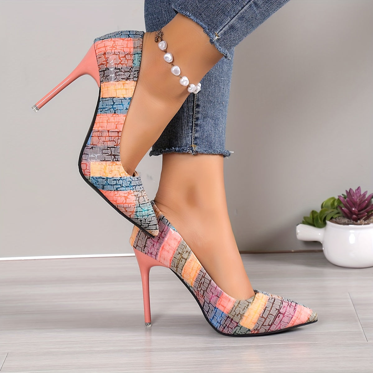 Women's Striped Pattern Stiletto Heels, Elegant Point Toe Dress Pumps, Fashion Slip On Heels