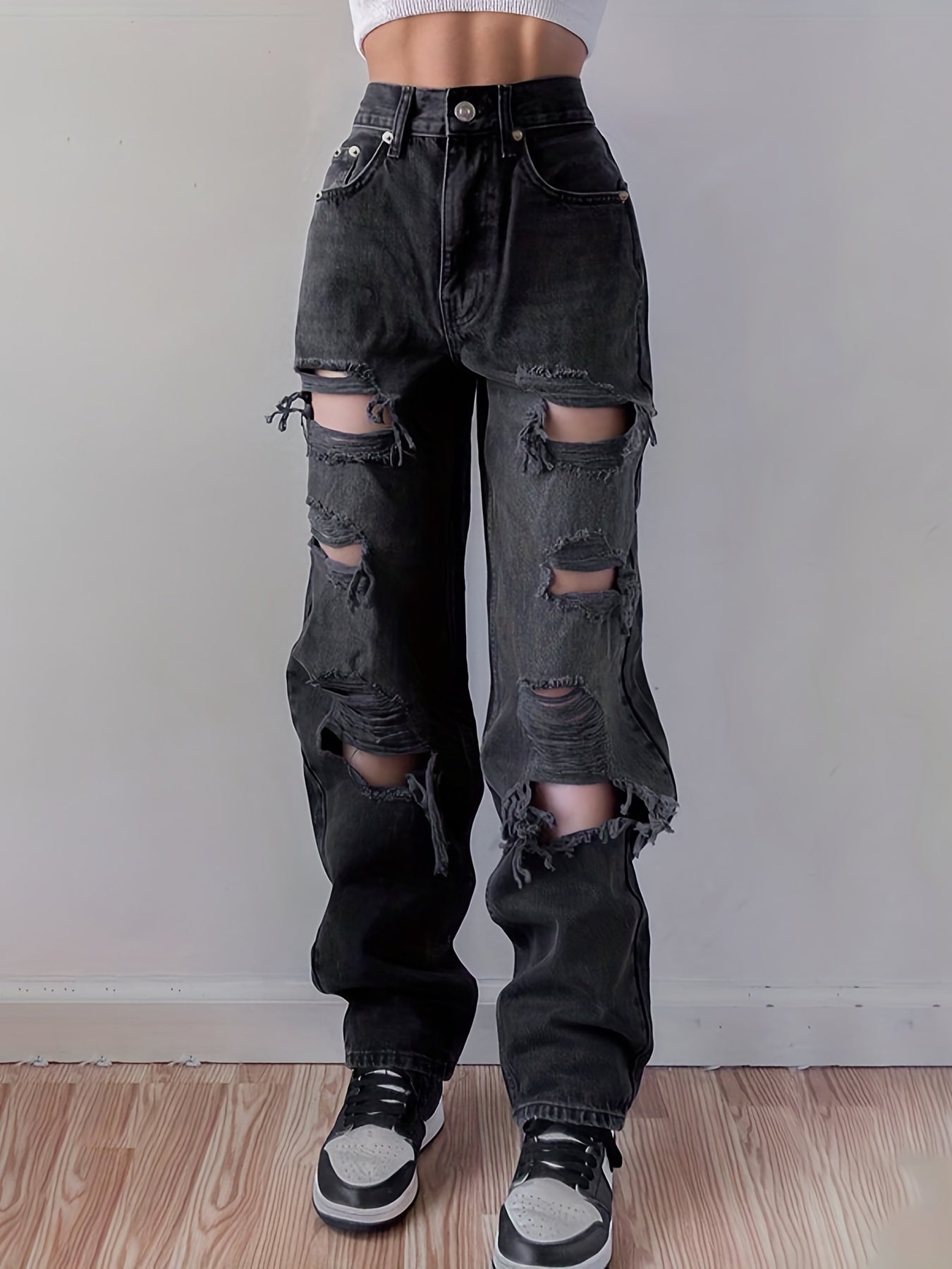 Plain Ripped Holes Straight Jeans, Loose Fit High Waist Distressed Slant Pockets Denim Pants, Women's Denim Jeans & Clothing
