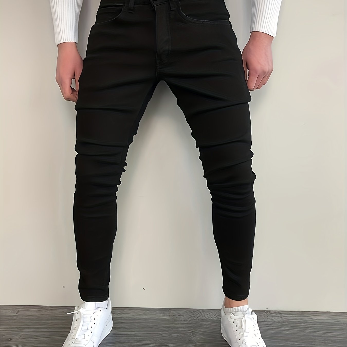 Stretchy Slim Fit Jeans - Men's Classic Casual Street Style Mid-Stretch Denim Pants for Spring Summer with Comfortable Cotton Fabric and Solid Color Design