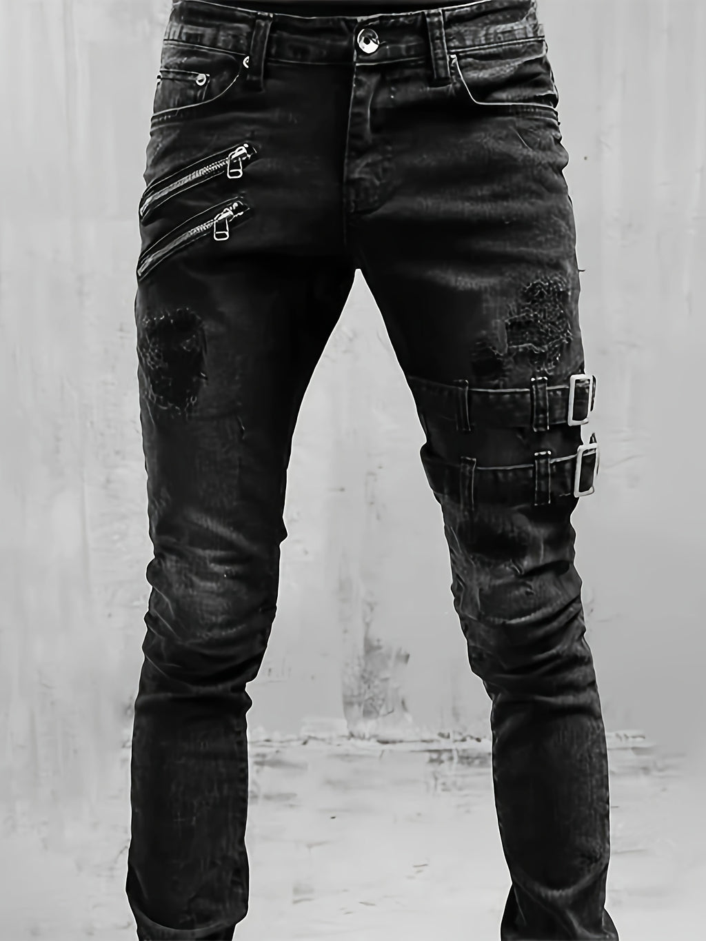 Stretchy Slim Fit Ripped Biker Jeans - Soft, Breathable, Distressed Denim Pants with Elastic Waistband for Men's Casual Street Style Fashion - Perfect for Spring and Fall Seasons