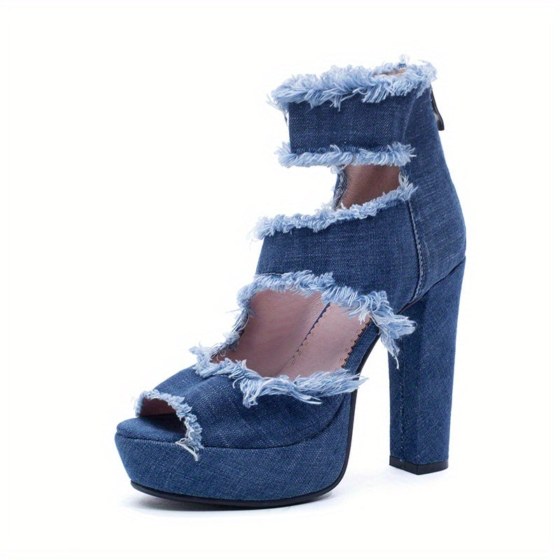 Women's Blocked Heeled Denim Sandals, Trendy Peep Toe Cut-out Platform High Heels, Versatile Dress Pumps