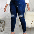 Plus Size Casual Jeans, Women's Plus Faux Pearl Decor Washed Ripped Button Fly Fringe Trim High Rise High Stretch Skinny Jeans For Fall