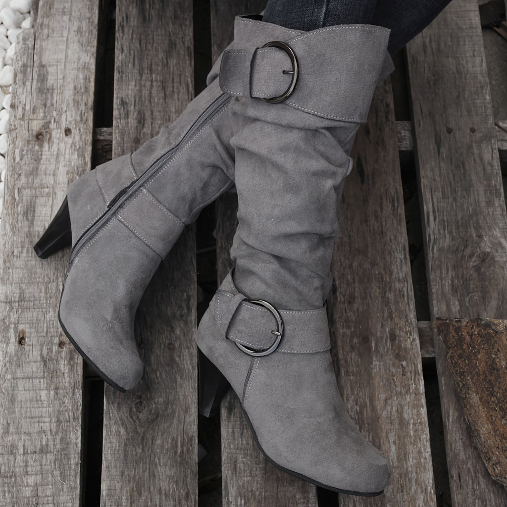 Fashionable Women's Slouchy Boots with Chunky Heels, Buckle Strap, and Pointed Toe - Easy to Pull On and Perfect for Any Occasion