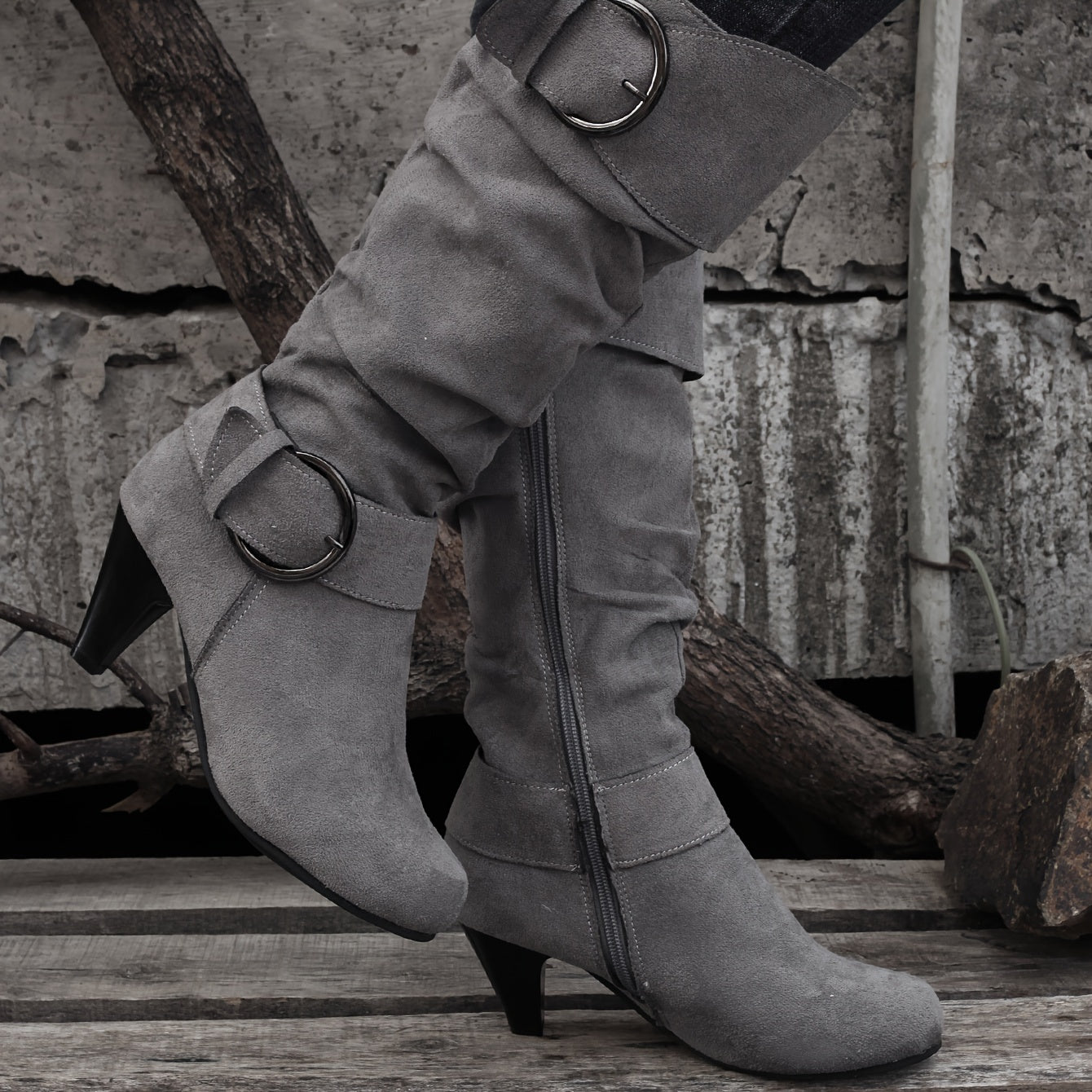 Fashionable Women's Slouchy Boots with Chunky Heels, Buckle Strap, and Pointed Toe - Easy to Pull On and Perfect for Any Occasion