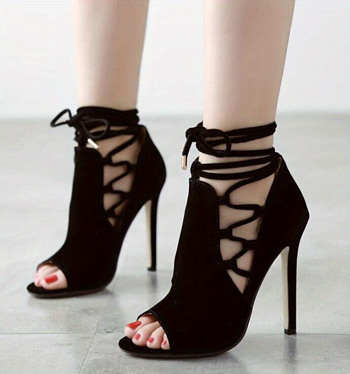 Chic Ultrahigh Stiletto Heels, Sleek Open-Toe & Lace-Up Ankle Support, Perfect for Autumn Evenings