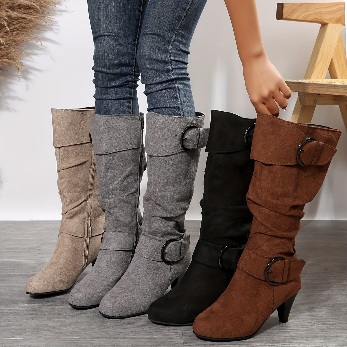 Fashionable Women's Slouchy Boots with Chunky Heels, Buckle Strap, and Pointed Toe - Easy to Pull On and Perfect for Any Occasion