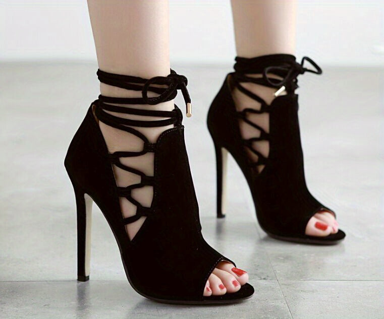 Chic Ultrahigh Stiletto Heels, Sleek Open-Toe & Lace-Up Ankle Support, Perfect for Autumn Evenings