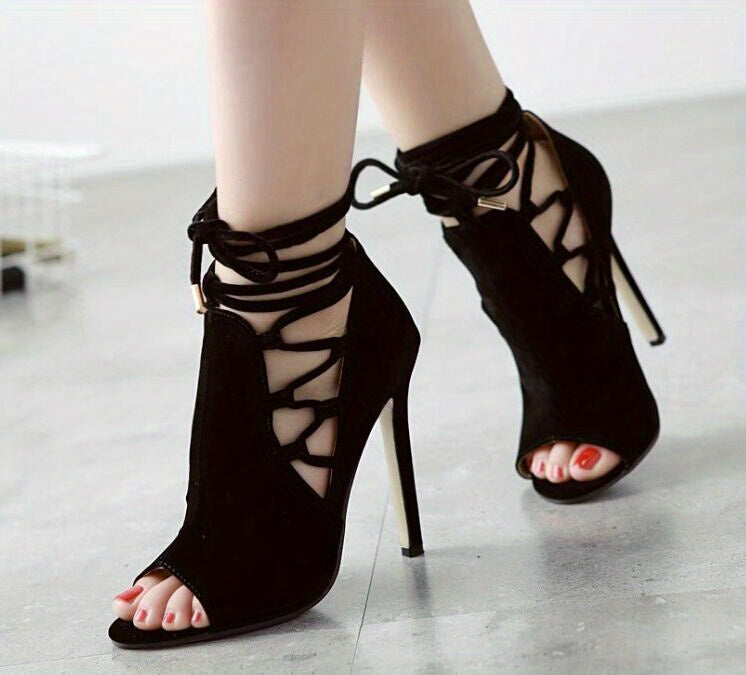 Chic Ultrahigh Stiletto Heels, Sleek Open-Toe & Lace-Up Ankle Support, Perfect for Autumn Evenings