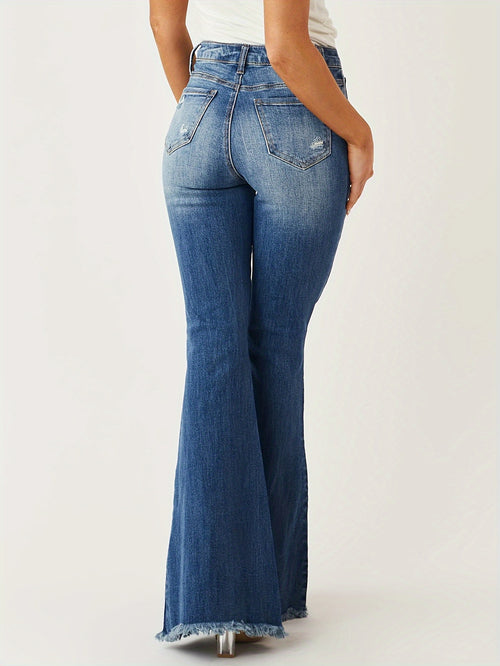 Fashionable Flared Leg Jeans - Ripped Detail & Raw Hem - Vintage Casual Style for Women