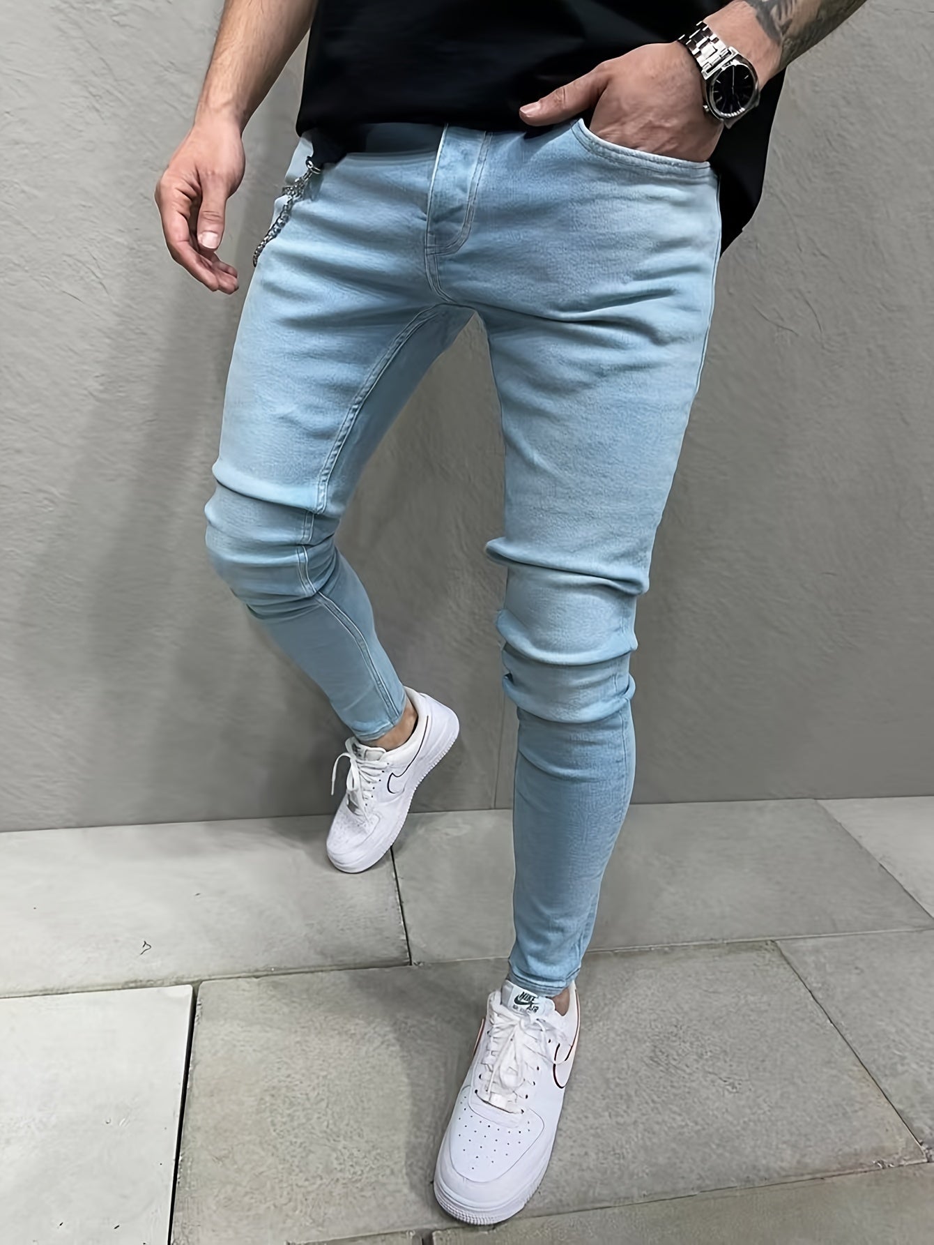 Stretchy Slim Fit Jeans - Men's Classic Casual Street Style Mid-Stretch Denim Pants for Spring Summer with Comfortable Cotton Fabric and Solid Color Design