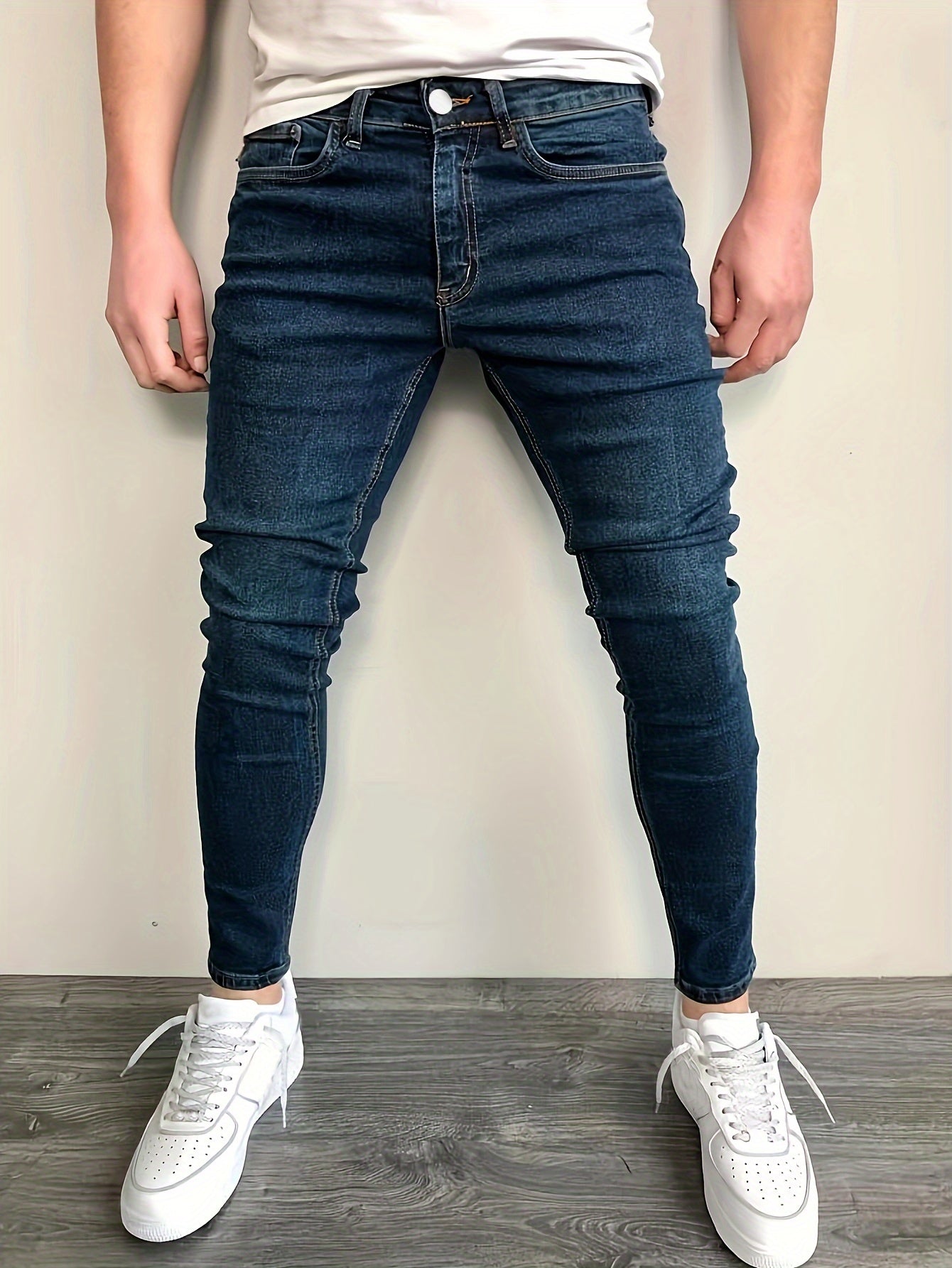 Stretchy Slim Fit Jeans - Men's Classic Casual Street Style Mid-Stretch Denim Pants for Spring Summer with Comfortable Cotton Fabric and Solid Color Design