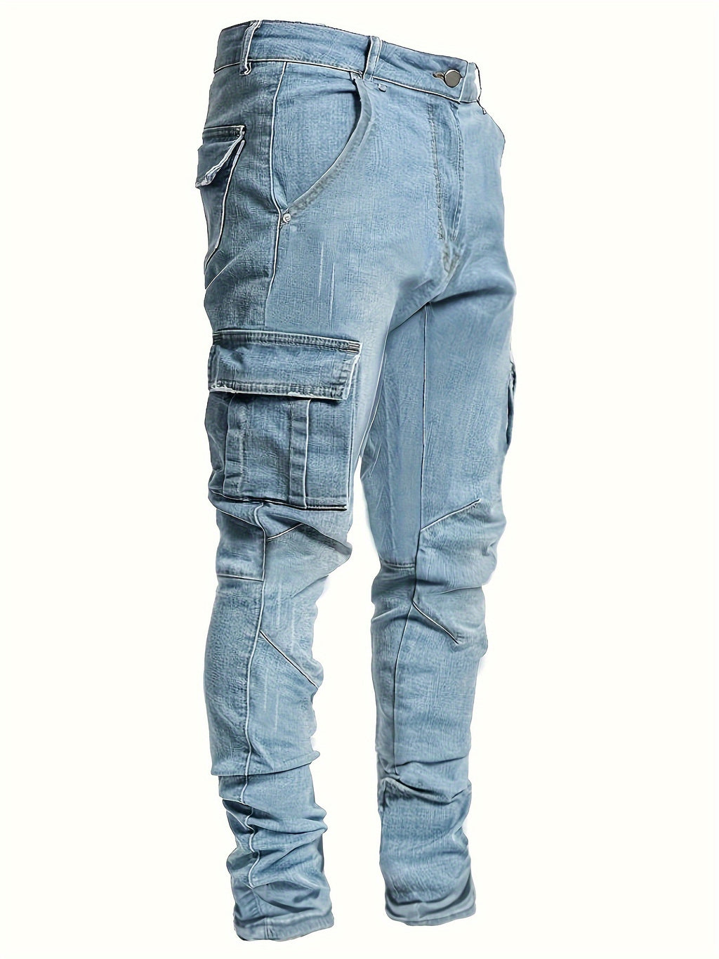 Medium Stretch Slim Fit Multi Pocket Jeans, Men's Casual Street Style Denim Pants