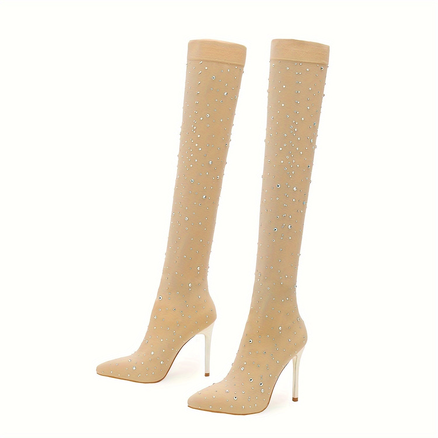 Women's elegant and glamorous stretch mesh over-the-knee boots, sparkly rhinestone pointed toe stiletto heels, party fashion style, perfect for dates, proms, nightclubs, and weddings.