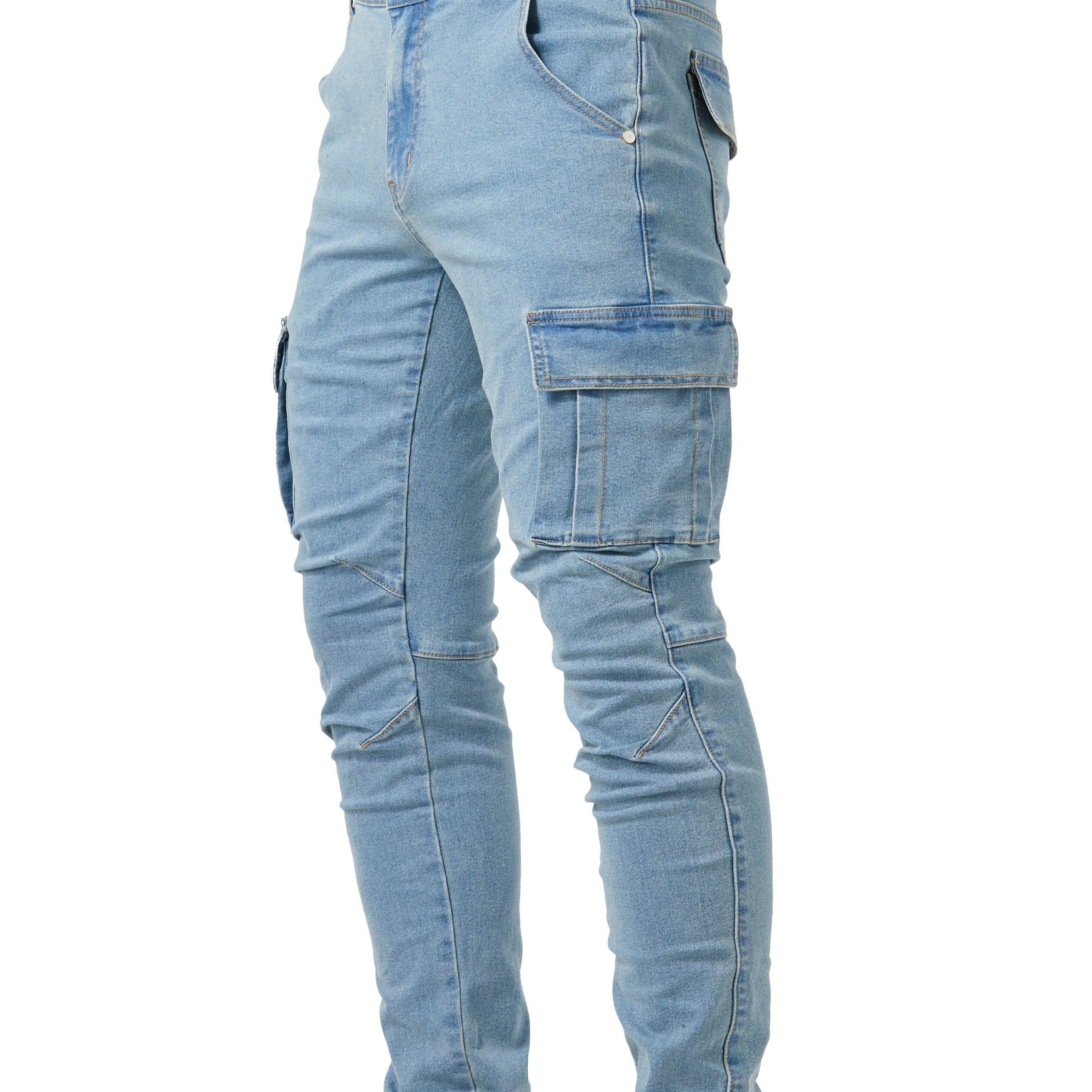 Slim Fit Multi-Pocket Jeans - Men's High Stretch Denim Pants for Casual Street Style, Outdoor Wear, All Seasons Comfort