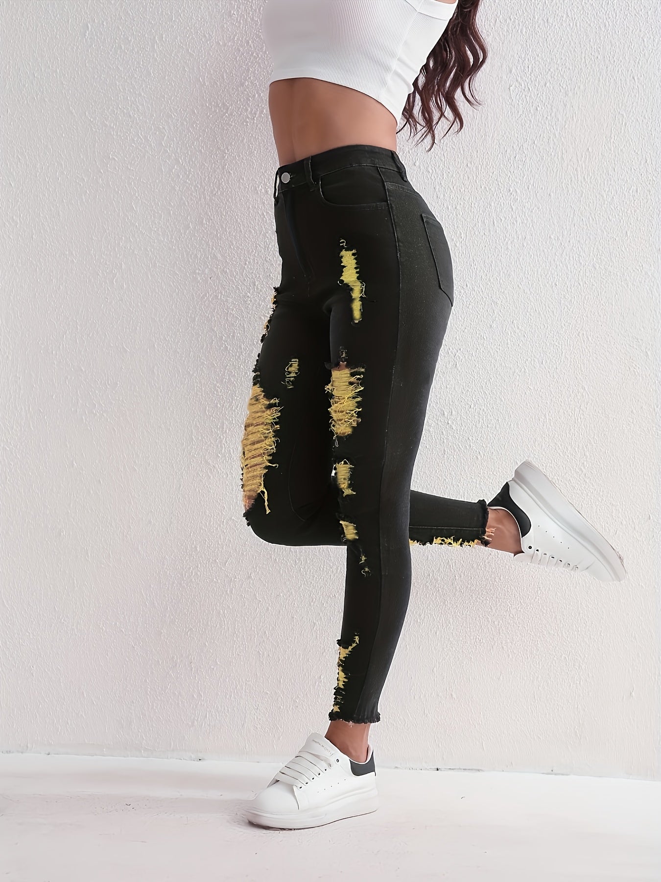 Stylish Black Ripped Skinny Jeans - High-Stretch, Slim Fit, Frayed Hem, Tight Leg, Comfortable Denim Pants for Women - Perfect for Casual Daily Wear, Party, and Outdoor Activities