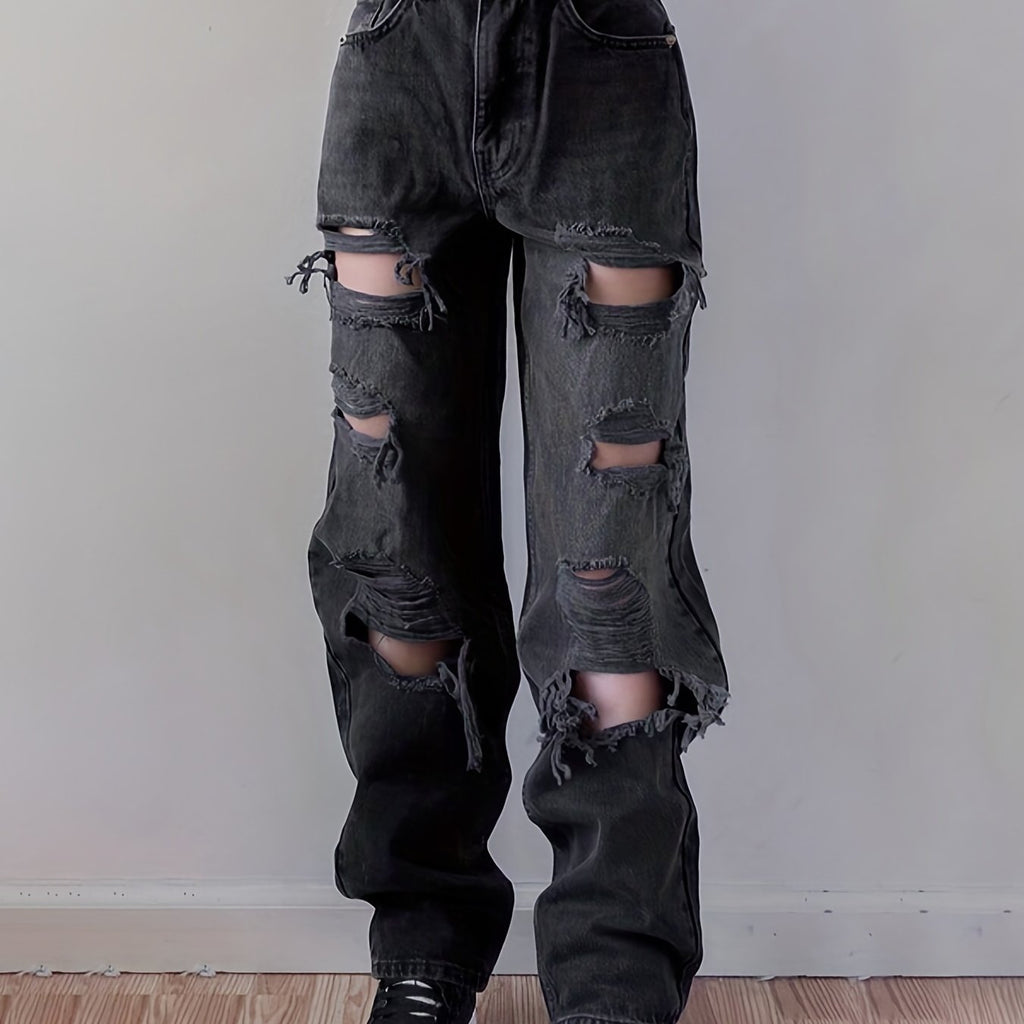 Plain Ripped Holes Straight Jeans, Loose Fit High Waist Distressed Slant Pockets Denim Pants, Women's Denim Jeans & Clothing