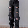 Plain Ripped Holes Straight Jeans, Loose Fit High Waist Distressed Slant Pockets Denim Pants, Women's Denim Jeans & Clothing