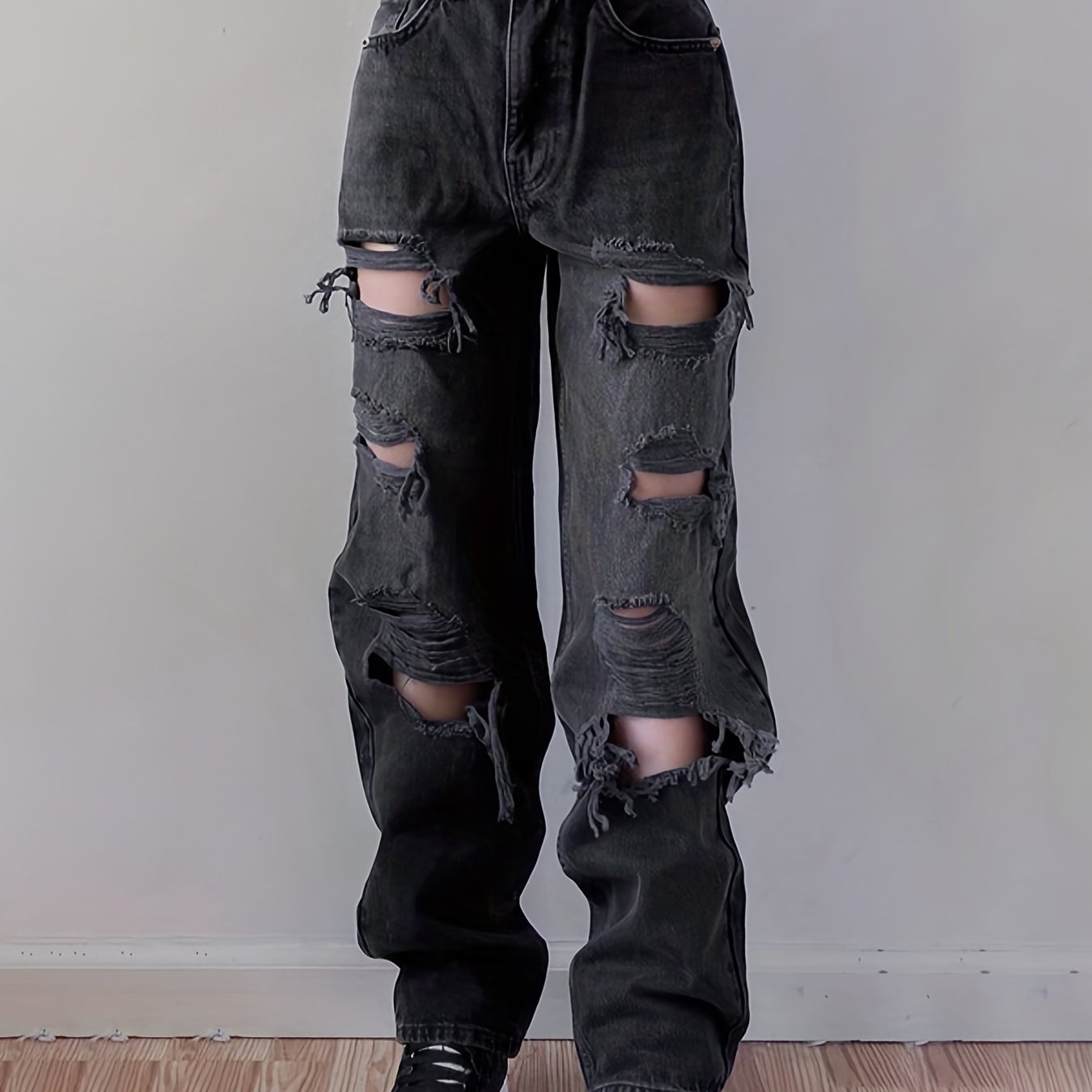 Plain Ripped Holes Straight Jeans, Loose Fit High Waist Distressed Slant Pockets Denim Pants, Women's Denim Jeans & Clothing